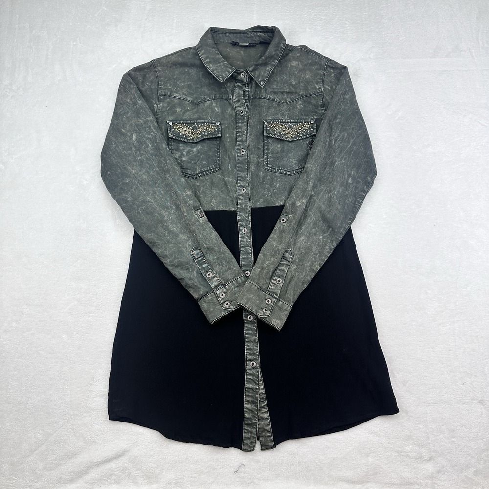 Miss Me Chambray Tunic Button Up Bling Acid Rhinestone Western Rodeo Medium
